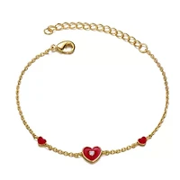 Lab Created 14k Yellow Gold Plated Adjustable Bracelet with Heart charms and Red Enamel for Kids