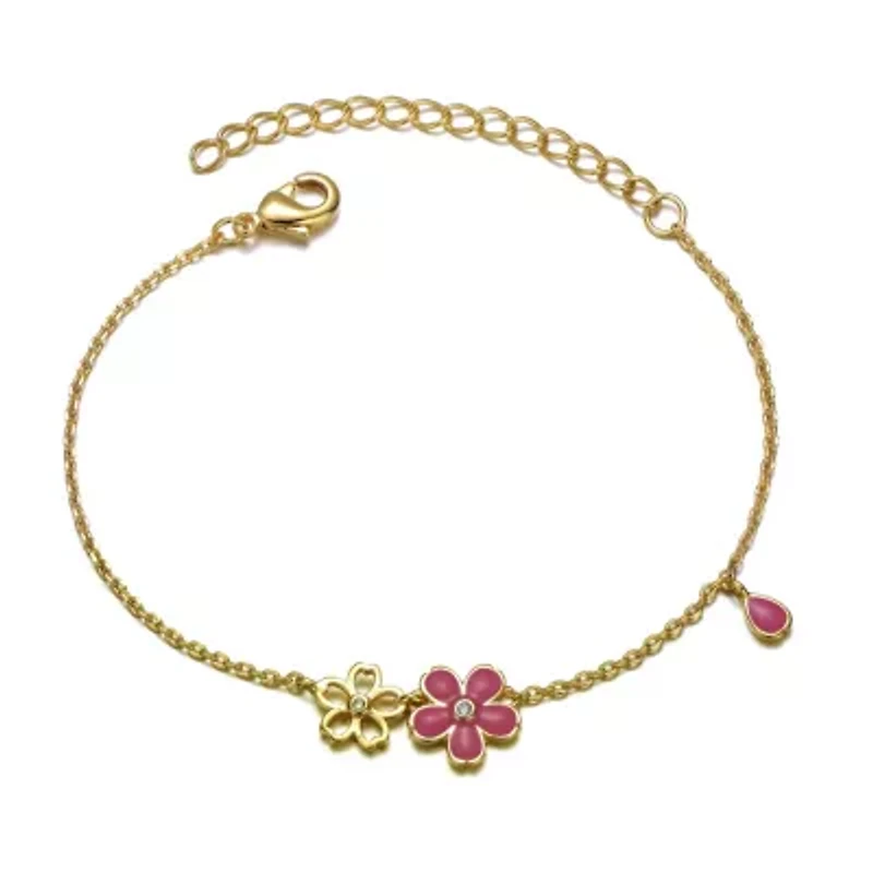 Lab Created Kids 14k Gold Plated Pink Flower Charm Bracelet