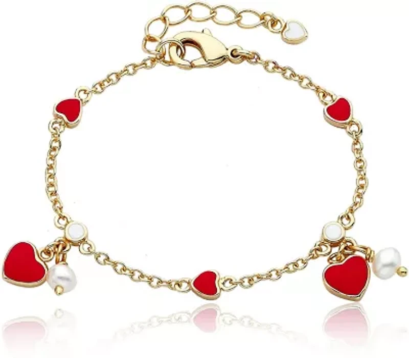 Lab Created 14k Yellow Gold Plated with Red Enamel Heart and pearl Dangle Charm Bracelet for Toddler/Kids