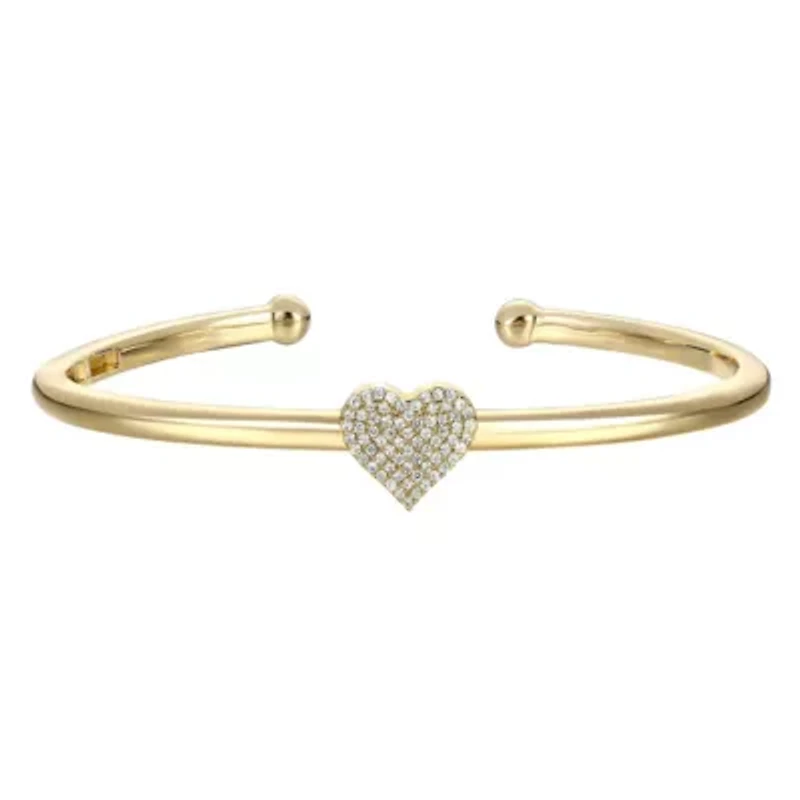 Lab Created Teens 14k Gold Plated With Clear Cubic Zirconia Heart Pave Open Cuff Bangle Bracelet