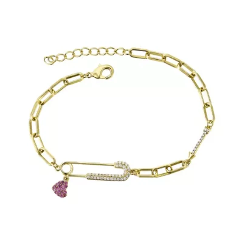 Lab Created Kid's/ Teen 14k Gold Plated with Pink & Cubic Zirconia Safety Pin Dangle Heart Charm Adjustable Bracelet