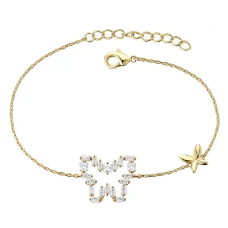 Lab Created Kids/ Teens 14k Gold Plated with Baguette Cubic Zirconia Halo Butterfly Charm Adjustable Bracelet