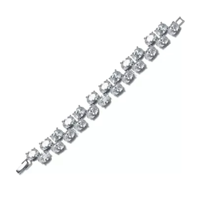 Lab Created Sterling Silver Rhodium Plated Clear Cubic Zirconia Charm Bracelet