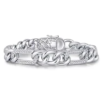 Lab Created Men's Sterling Silver White Gold Plated with Iced Out Cubic Zirconia Paper Clip Curb Chain Bracelet
