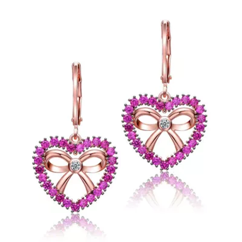 Lab Created 18k Rose Gold Plated with Ruby Cubic Zirconia Infinity Ribbon & Heart Dangle Earrings for Kids