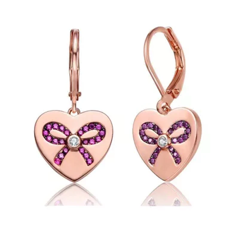 Lab Created 18K Rose Gold Plated with Cear Cubic Zirconia Infinity Ribbon Paved on Heart Shaped Dangle Earrings for Kids/ Teens