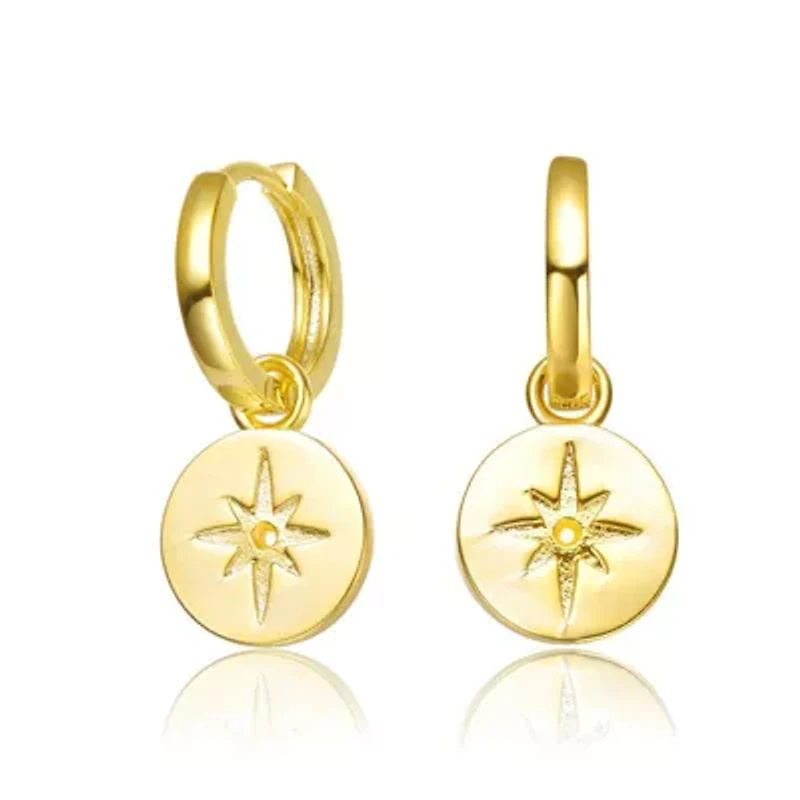 Lab Created 14K Gold Plated With Star paved on Round Bar Drop Earrings for Kids Teens