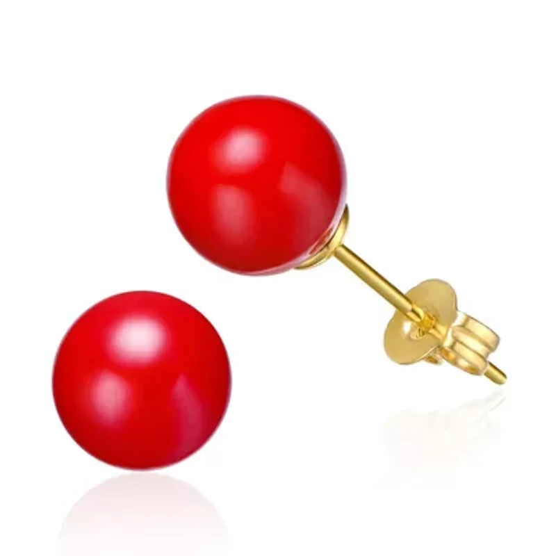 Lab Created 14K Gold Plated Stud Earrings with Red Enamel Round Pearl for Kids
