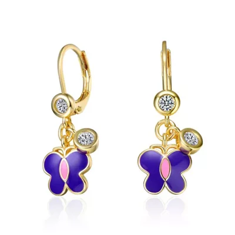 Lab Created 14K Gold Plated Butterfly Dangling earrings with Amethyst Enamel and Clear Cubic Zirconia for Kids