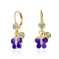 Lab Created 14K Gold Plated Butterfly Dangling earrings with Amethyst Enamel and Clear Cubic Zirconia for Kids