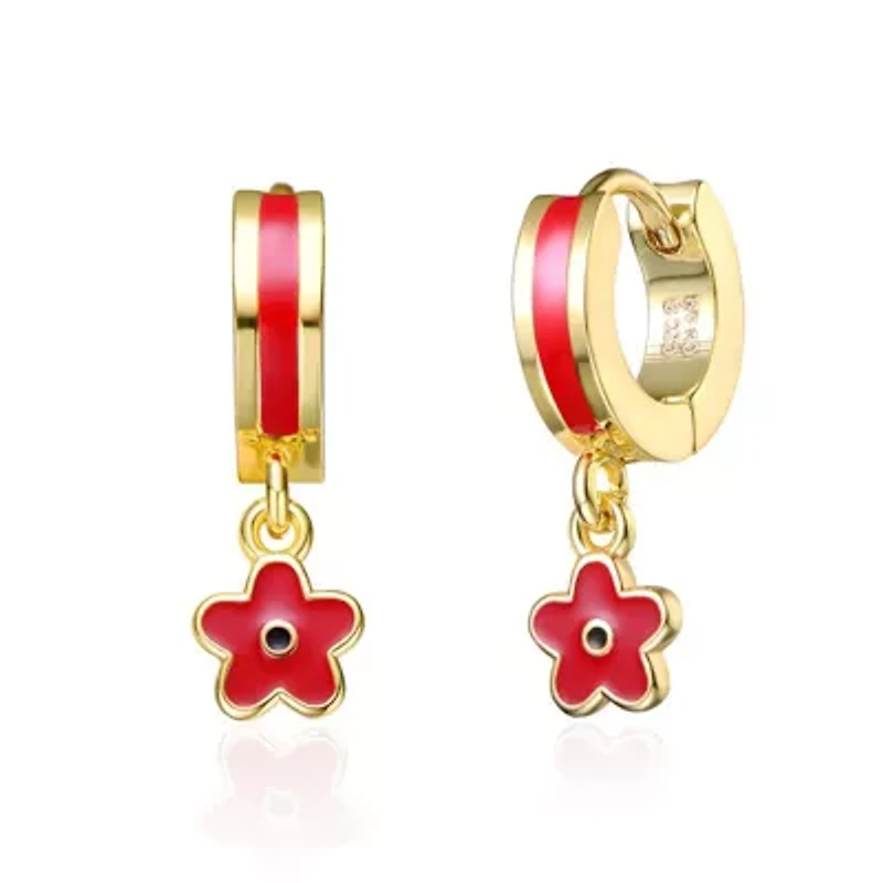 Lab Created 14K Gold Plated with Red Enamel Dangle Flower Earrings for Toddler/Kids