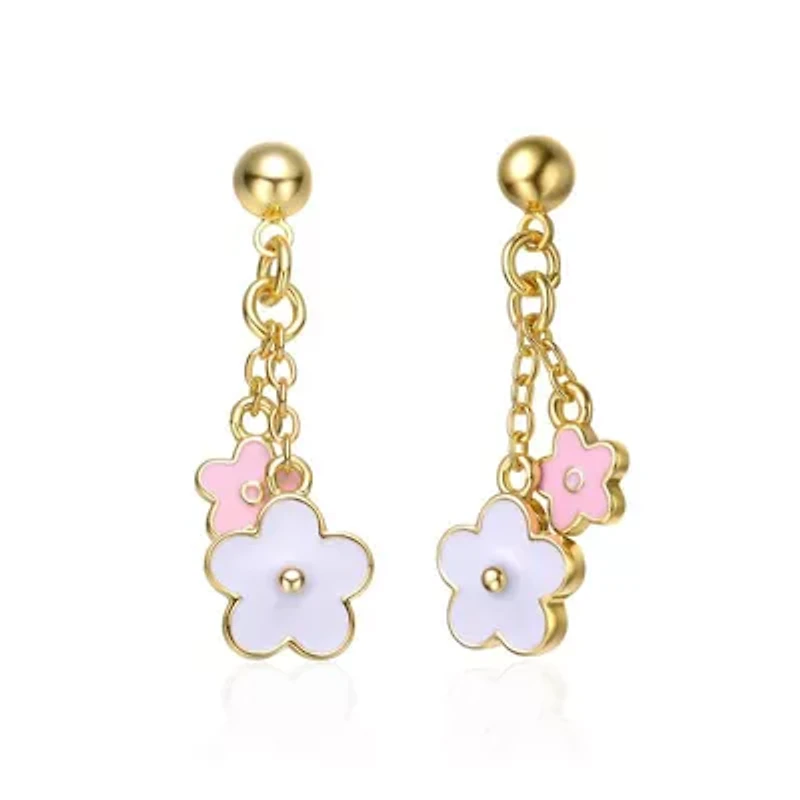 Lab Created 14K Gold Plated Flower Enamel Drop Earrings for Kids