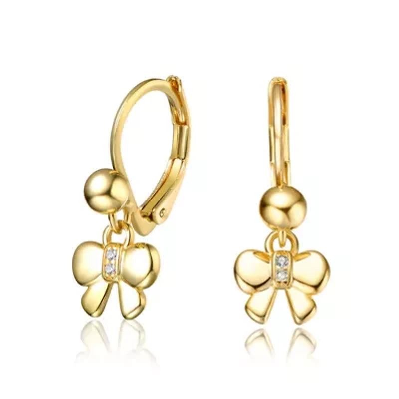 Lab Created 14K Gold Plated Bow Dangling earrings with Clear Cubic Zirconia for Kids