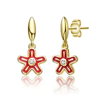 Lab Created 14K Gold Plated with Clear Cubic Zirconia & Red Enamel Dangle Star Flower Earrings for Kids