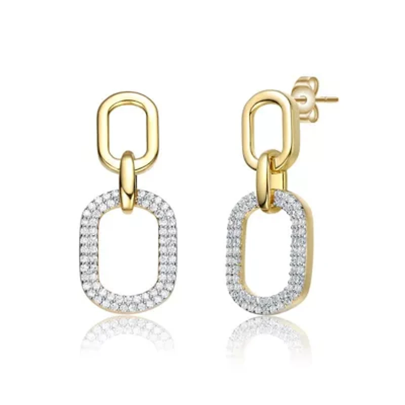 Lab Created 14K Gold Plated with Clear Cubic Zirconia Pave Geometric Oval Chain Dangle Earrings