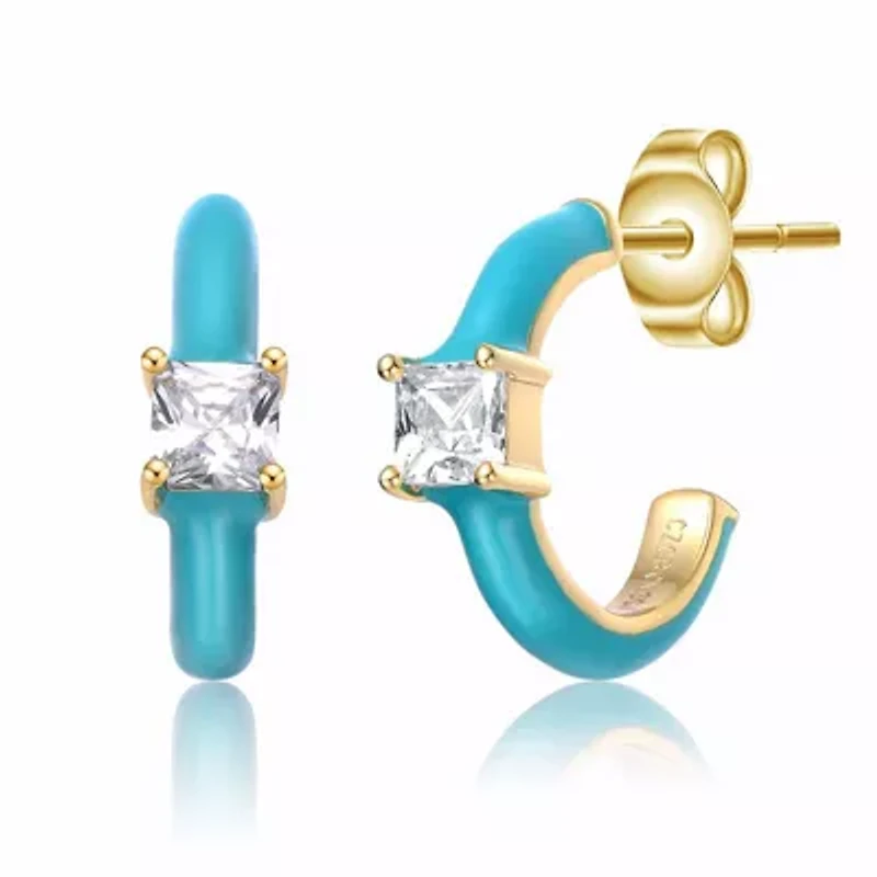 Lab Created 14K Gold Plated with Clear Cubic Zirconia Blue Turquoise Enamel C-Hoop Earrings for Kids