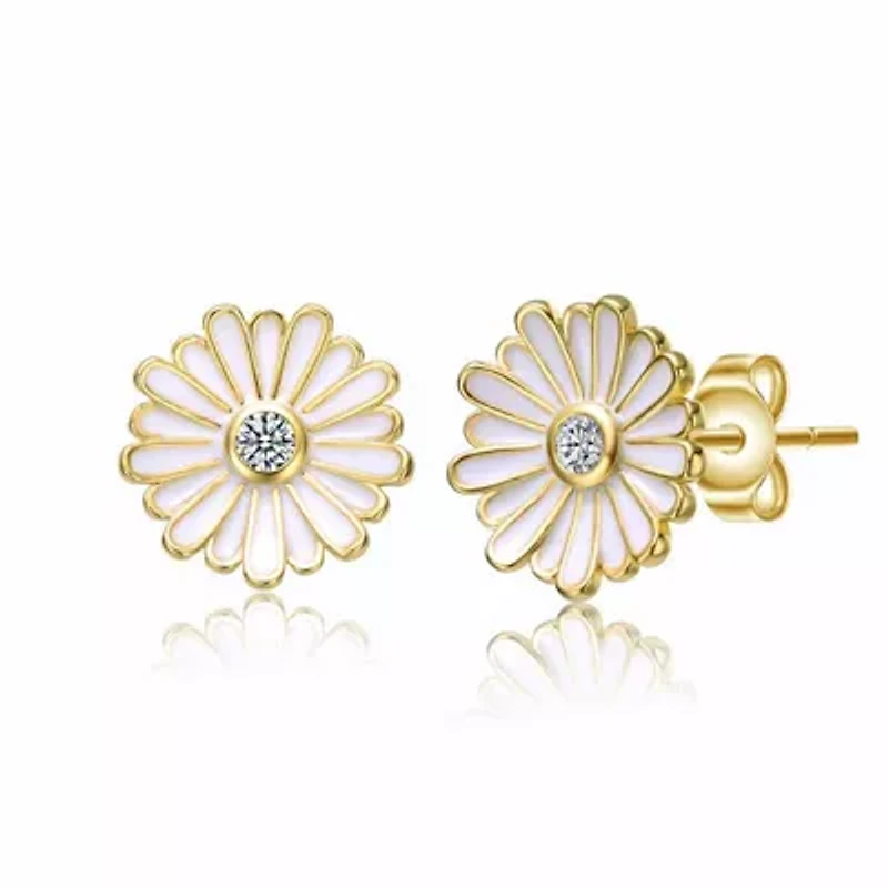 Lab Created 14K Gold Plated with Clear Cubic Zirconia & White Enamel Blooming Daisy Flower Stud Earrings for Teens