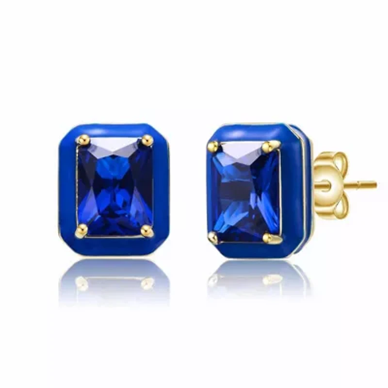 Lab Created 14K Gold Plated with Sapphire Blue Cubic Zirconia & Blue Enamel Stud Earrings