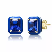 Lab Created 14K Gold Plated with Sapphire Blue Cubic Zirconia & Blue Enamel Stud Earrings