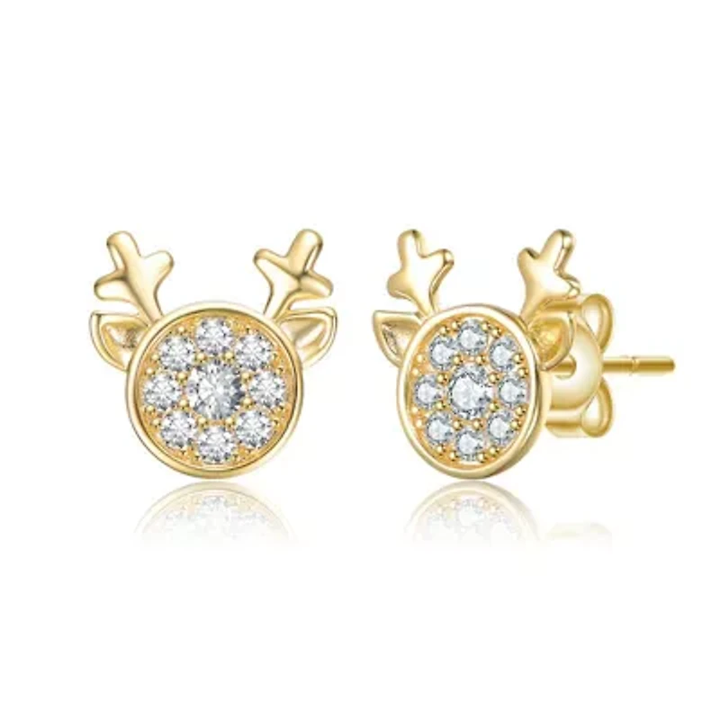 Lab Created 14K Gold Plated with Cubic Zirconia Round Reindeer Design Christmas Stud Earrings