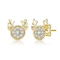 Lab Created 14K Gold Plated with Cubic Zirconia Round Reindeer Design Christmas Stud Earrings