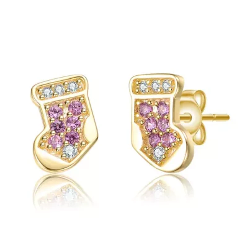Lab Created 14K Gold Plated with Clear & Pink Cubic Zirconia Christmas Stocking Stud Earrings