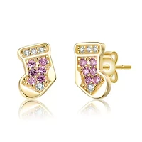 Lab Created 14K Gold Plated with Clear & Pink Cubic Zirconia Christmas Stocking Stud Earrings