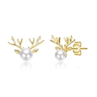 Lab Created 14K Gold Plated with White Pearl Reindeer Horn Design Christmas Stud Earrings