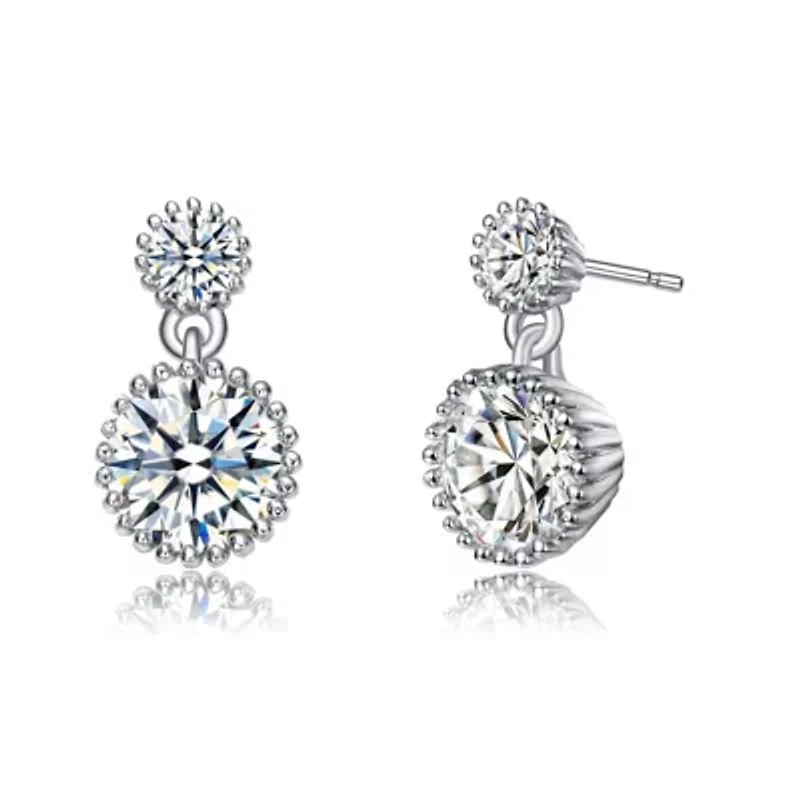 Lab Created White Gold Plated with Clear Cubic Zirconia Two-Stone Milgrain Dangle Drop Earrings