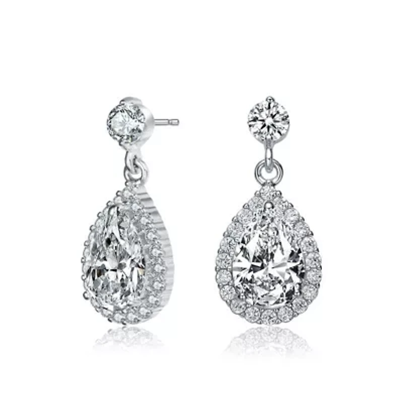 Lab Created Sterling Silver White Gold Plated with Clear Pear and Round Cubic Zirconia Halo Teardrop Earrings