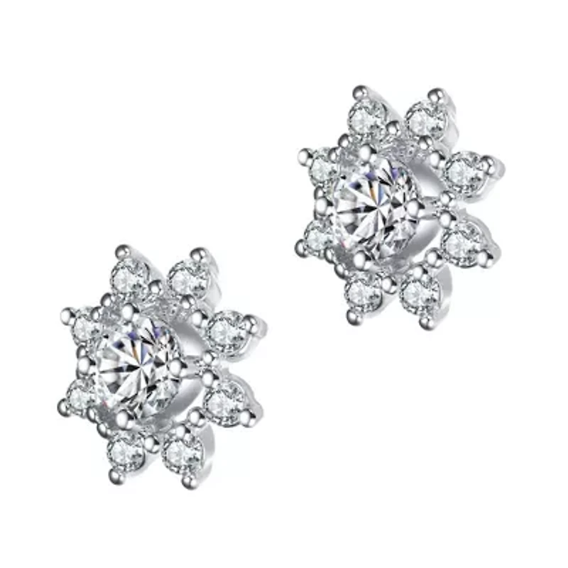 Lab Created Sterling Silver White Gold Plated with Clear Round Cubic Zirconia Halo Stud Earrings