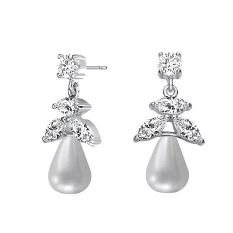Lab Created Sterling Silver White Gold Plated with White Round Freshwater Pearl & Clear Cubic Zirconia Earrings