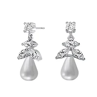Lab Created Sterling Silver White Gold Plated with White Round Freshwater Pearl & Clear Cubic Zirconia Earrings