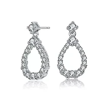 Lab Created Sterling Silver White Gold Plated with Clear Round Cubic Zirconia Open Pear Drop Earrings