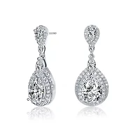 Lab Created Sterling Silver White Gold Plated with Clear Cubic Zirconia Double Halo Dangle Earrings
