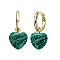 Lab Created Sterling Silver 14K Gold Plated with Simulated Malachite Puffed Heart Dangle Earrings
