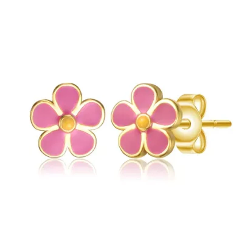 Sterling Silver 14K Gold Plated Fuchsia-Pink & Yellow Enamel Daisy Stud Earrings for Kids