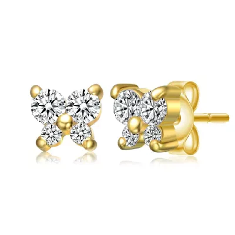 Lab Created Sterling Silver 14K Gold Plated with Clear Cubic Zirconia Four-Stone Butterfly Cluster Stud Earrings for Kids