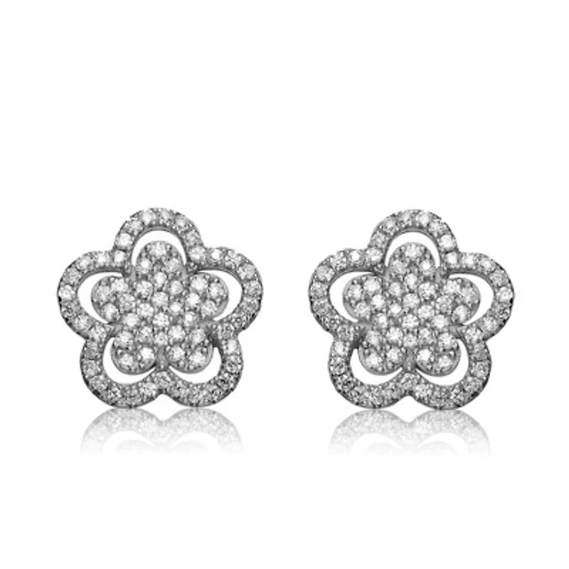 Lab Created Sterling Silver White Gold Plating with Clear Cubic Zirconia Double flower Stud Earrings