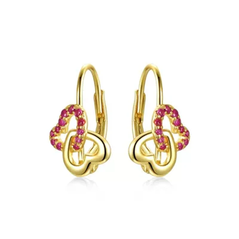Lab Created Kids Sterling Silver 14k Yellow Gold Plated with Ruby & Double Heart Halo Drop Leverback Earrings.
