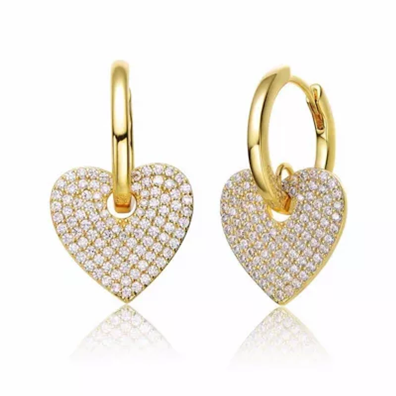 Lab Created Sterling Silver 14K Gold Plated with Clear Cubic Zirconia Heart Dangle Hoop Drop Earrings for Teens