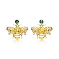 Lab Created Sterling Silver 14K Gold Plated with Green Cubic Zirconia Bee Stud Butterfly Earrings