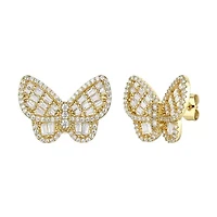 Lab Created Sterling Silver 14K Gold Plated with Clear Cubic Zirconia Clusters Butterfly Stud Earrings