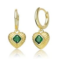 Lab Created Teens Sterling Silver 14K Gold Plated with Emerald Green Cubic Zirconias Dangle Heart Huggie Hoop Earrings