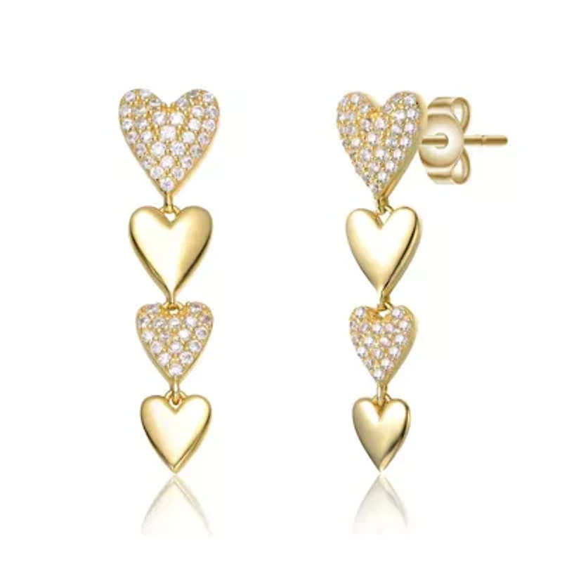 Lab Created Sterling Silver 14K Gold Plated with Clear Cubic Zirconia Double Stampato Heart Dangle Earrings