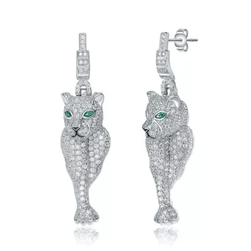 Lab Created Sterling Silver White Gold Plated with Emerald Green Eyes & Clear Cubic Zirconia Panther Drop Earrings