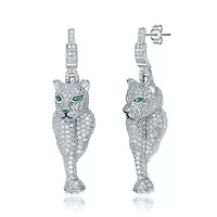 Lab Created Sterling Silver White Gold Plated with Emerald Green Eyes & Clear Cubic Zirconia Panther Drop Earrings