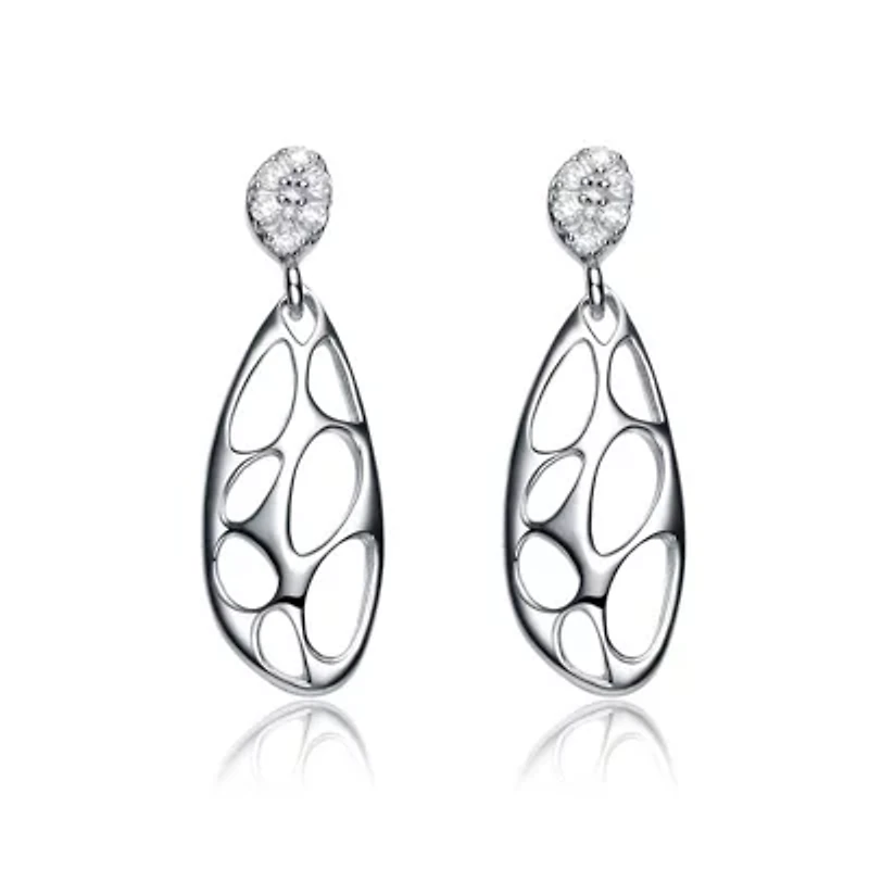 Lab Created Sterling Silver White Gold Plated with Clear Cubic Zirconia Oval Drop Lace Design Earrings