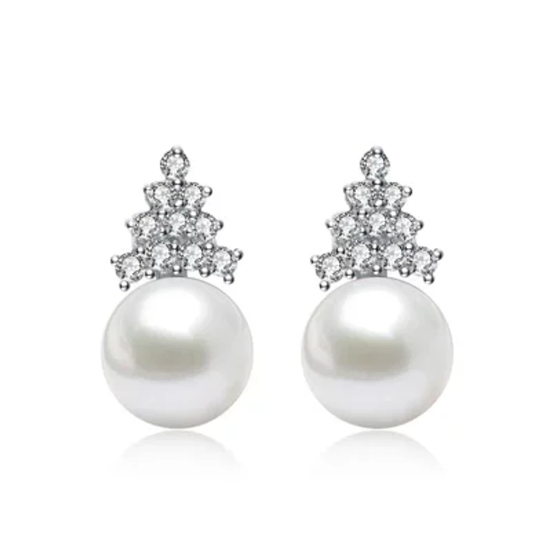 Lab Created Sterling Silver White Gold Plated with Clear Cubic Zirconia & White Pearl Earrings