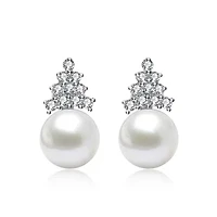 Lab Created Sterling Silver White Gold Plated with Clear Cubic Zirconia & White Pearl Earrings